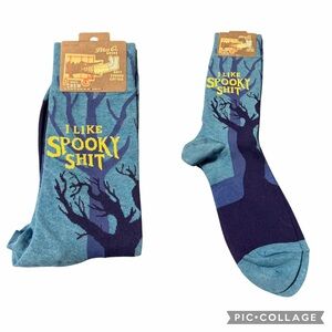 Blue Q Men's Crew Socks — Blue with Yellow 'I Like Spooky Shit' Graphic